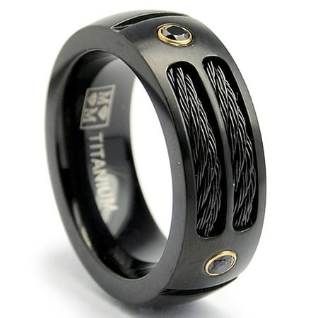 8MM Black Titanium Ring Wedding Band with Black CZ and Black Twisted Stainless Steel Cables