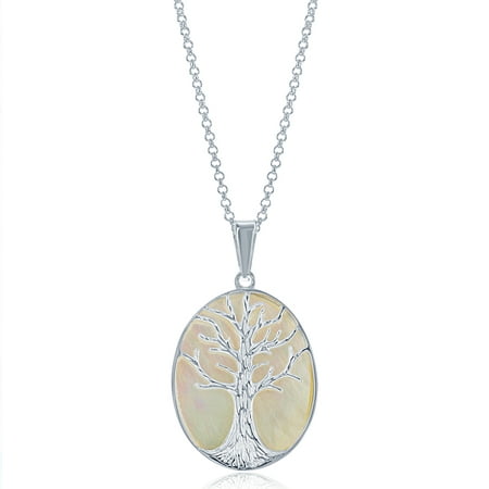 Beaux Bijoux Sterling Silver Mother of Pearl Tree of Life Oval Pendant with 18 Chain (Multiple colors available)