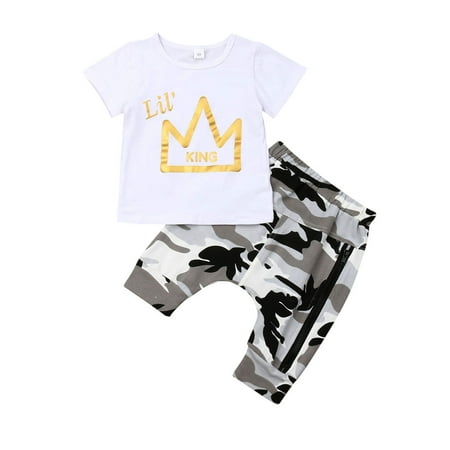 Bebiullo Baby Boys Camouflage King Crown Summer Outfits Printing Tops T-Shirt Camo Pants 2PCS Outfits Set
Bebiullo Baby Boys Camouflage King Crown Summer Outfits Printing Tops T-Shirt Camo Pants 2PCS Outfits Set