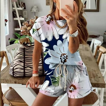 Follure Women Tie-Dye Gradient Printed Short Sleeve Pajamas Homewear Set