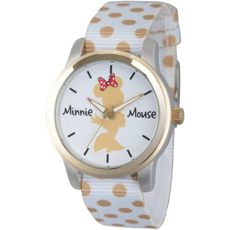 Disney Minnie Mouse Women's Two-Tone Alloy Watch, Double-Sided White with Gold Polka Dot and Solid White Nylon Strap