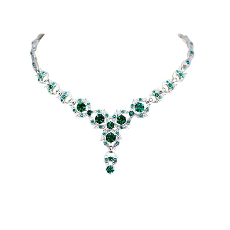 Faship Emerald Color Green Crystal Floral Necklace Earrings Set - Green