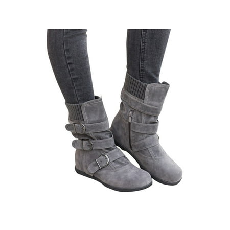 

Rotosw Womens Casual Shoes Strap Buckle Winter Boot Side Zipper Mid-Calf Boots Women Ladies Non-slip Woolen Yarn Gray US 4.5