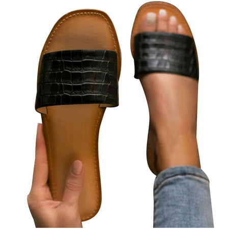 Ladies Glitter Check Open Toe Square Toe Flat Slippers