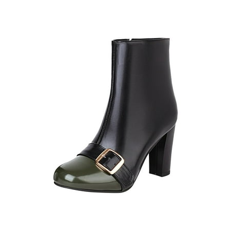 Rdeuod Boots for Women Boots Fashion Square High Heel Pointed Zip Shoes Belt Buckle