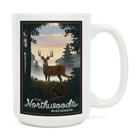 

15 fl oz Ceramic Mug Northwoods Wisconsin Deer and Sunrise Dishwasher & Microwave Safe