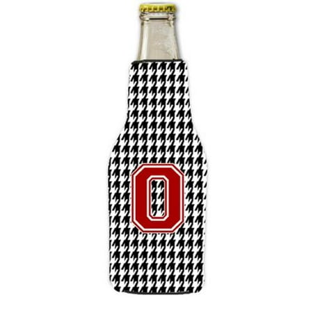 Houndstooth Black Letter O Monogram Initial Longneck Beer Beverage Insulator Zipper Hugger
