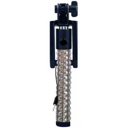 KTA Clear Silver Rhinestones Wired Mini Selfie Stick With Folding Bracket