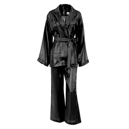 Gureui Women s Homewear Pajamas Set Casual Long Sleeve Solid Color Lapel Tops+Loose Long Pants+Belt Clothes Set
Gureui Women s Homewear Pajamas Set Casual Long Sleeve Solid Color Lapel Tops+Loose Long Pants+Belt Clothes Set