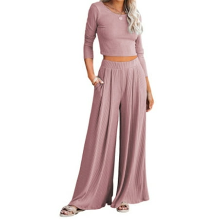 Casual Style Women 2 Piece Pajamas Crop Top&Loose Pants Sweatsuit