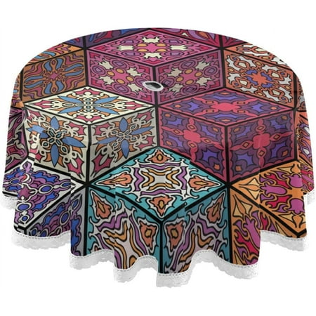 

SKYSONIC Cube and Mandala Elements Round Tablecloth 60In Waterproof Round Table Cloths with Umbrella Hole and Zipper Party Patio Table Covers for Outdoor Backyard /BBQ/Picnic