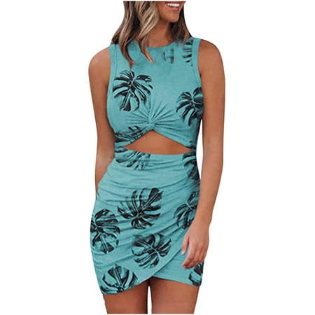 Women s Hollow Out Twist Bodycon Dress Slim Stretch Leaf Print Club Party Sexy Mini Dresses