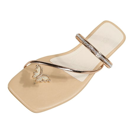 TOYFUNNY Womens Butterfly Thong Slippers Flat Slip Toe Pearl Elastic Strap Slipper Sandals