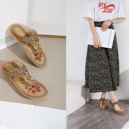 Binmer Bohemian Flat Flower Rhinestone Sandals Outer Beach Sandals