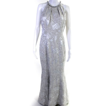 Carmen Marc Valvo Womens Silver Evening Gown Embellished Metallic Size 10