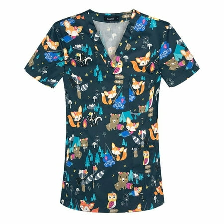 

Sksloeg Scrub Top For Women Summer Cartoon Printed Top Short Sleeve V-Neck Shirts Tee Tops With Pockets Animal Patterned Nursing Working Uniform Black S