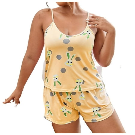 Womens Plus Pajamas Sets Polka Dot Short Sets Sleepwear PJ Set Yellow 2XL