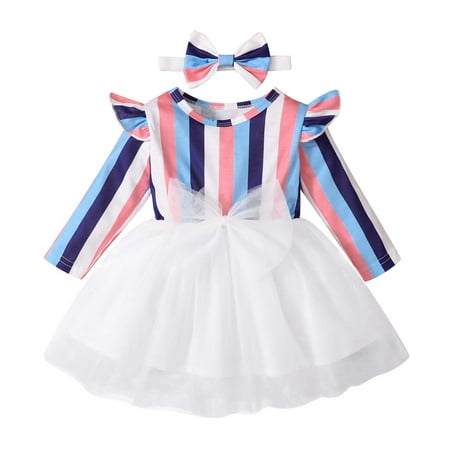 EQWLJWE Autumn Baby Girl Lace Striped Long-sleeved Dress With Headwear Two-piece Deals Discount