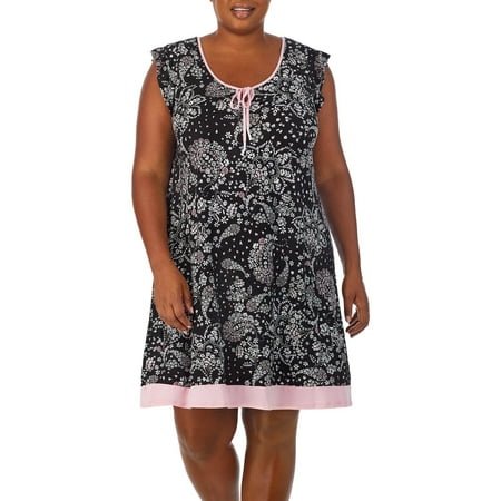 Ellen Tracy Plus Tie Paisley Ruffle Sleeve Chemise Nightgown 1X Black/pink