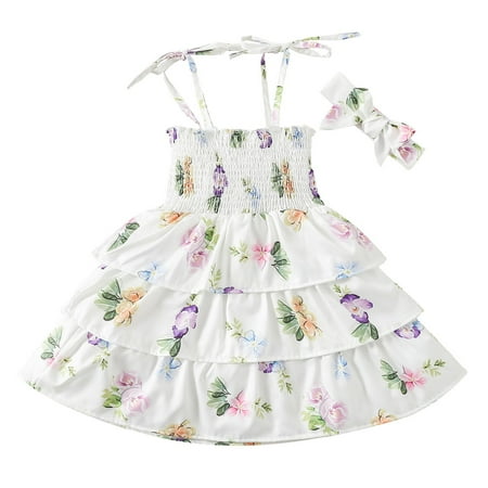 Easter Dresses for Girls Sleeveless Midi Dresses Floral Print White 80