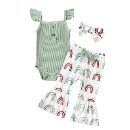 Inevnen Baby Girls Jumpsuits Ribbed Flying Sleeves Romper + Stretch Rainbow Flared Pants + Headband
Inevnen Baby Girls Jumpsuits Ribbed Flying Sleeves Romper + Stretch Rainbow Flared Pants + Headband