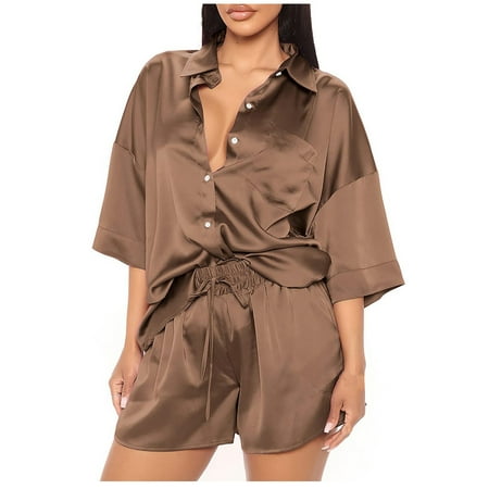 Womens Satin Pajama Sets 2 Piece Casual Soft Button Down Short Sleeve Shirts Drawstring Shorts Sets Sleepwear Pjs
Womens Satin Pajama Sets 2 Piece Casual Soft Button Down Short Sleeve Shirts Drawstring Shorts Sets Sleepwear Pjs