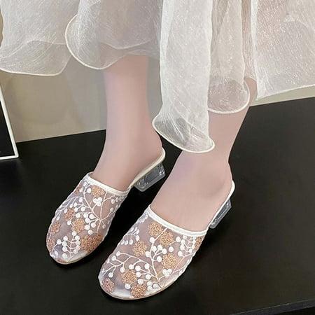 

Womens Sandals Gnobogi Women s Summer Casual Mesh Square-head Slippers Chunky Heel Middle Heel Fashion Slippers Dresses For Women 2023 Pink