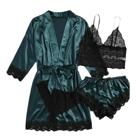 Women s 4pcs Sleepwear Satin Floral Lace Trim Cami Pajama Set with Robe