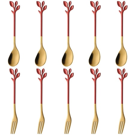 5-Pieces Small Coffee Spoons And 5-Pieces Desserts Forks 4.7-inch Stainless Steel With Leaf Handle (Red & Gold)
5-Pieces Small Coffee Spoons And 5-Pieces Desserts Forks 4.7-inch Stainless Steel With Leaf Handle (Red & Gold)