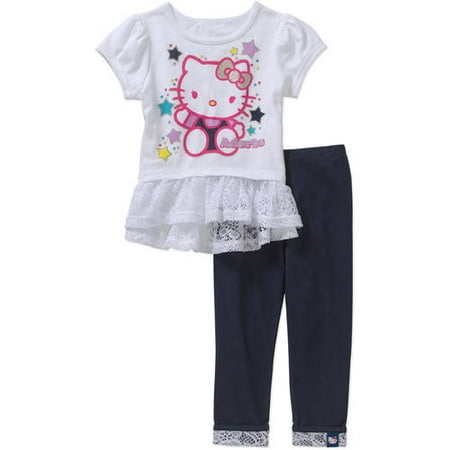 Hello Kitty Toddler Girls' Ruffled Tee and Knit Denim Pants Outfit Set