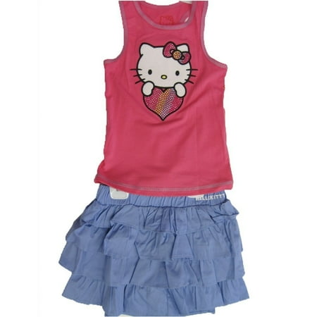 Hello Kitty Little Girls Fuchsia Blue Studded Heart Tiered 2 Pc Skirt Outfit 4-6X
