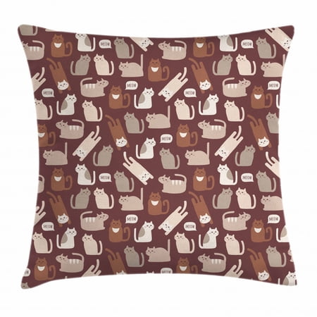 Cat Throw Pillow Cushion Cover, Cute Little Kitties Cats Meow Pattern Funny Whiskers Comic Animals Graphic, Decorative Square Accent Pillow Case, 20 X 20 Inches, Dried Rose Beige Brown, by Ambesonne