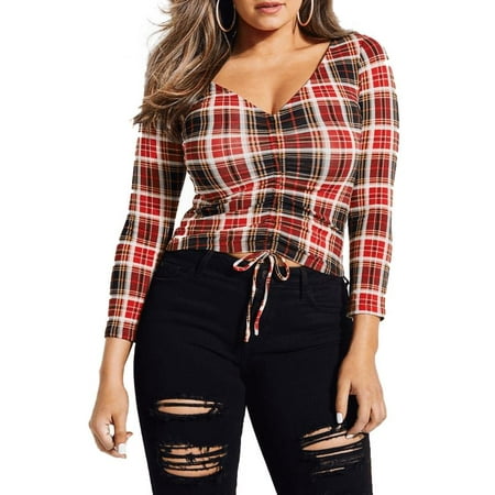 Guess | 3/4 Sleeve Ruched Crop Top | Red