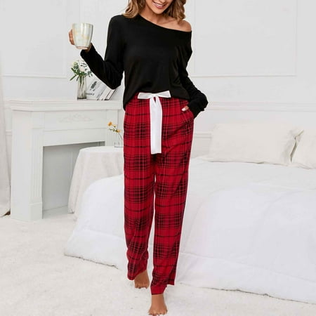 Cntydi Pajamas for Women Gifts Women s Fashion Casual Long Sleeve Comfortable Lattice Suit Sweatshirt Tops Blouse