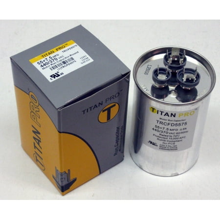 TitanPro TRCFD5575 HVAC Round Dual Motor Run Capacitor. 55/7.5 MFD/UF 440/370 Volts
TitanPro TRCFD5575 HVAC Round Dual Motor Run Capacitor. 55/7.5 MFD/UF 440/370 Volts