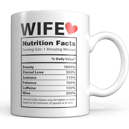 Coffee Mug for Wife - Gift for Women - Valentines Day Gift Ideas for Best Wife - Cute Anniversary Birthday VDay Gift - Nutrition Facts Printed on Both Sides - Ceramic 11oz
Coffee Mug for Wife - Gift for Women - Valentines Day Gift Ideas for Best Wife - Cute Anniversary Birthday VDay Gift - Nutrition Facts Printed on Both Sides - Ceramic 11oz