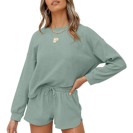 QWZNDZGR Women s Waffle Knit Long Sleeve Top and Shorts Pullover Nightwear Lounge Pajama Set with Pockets