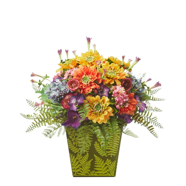 Nearly Natural Mixed Flowers Artificial Arrangement in Green Vase