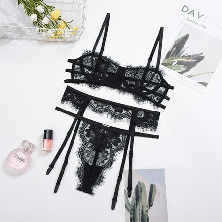 Womens Bra Set Floral Lace Garter Belt Lingerie Set Thongs Nightwear