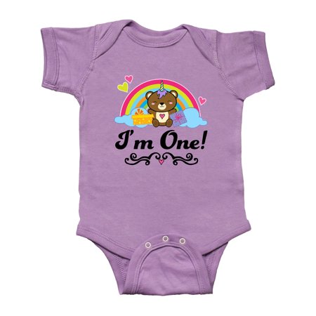 Inktastic First birthday Baby Bear Rainbow Gift Baby Girl Bodysuit