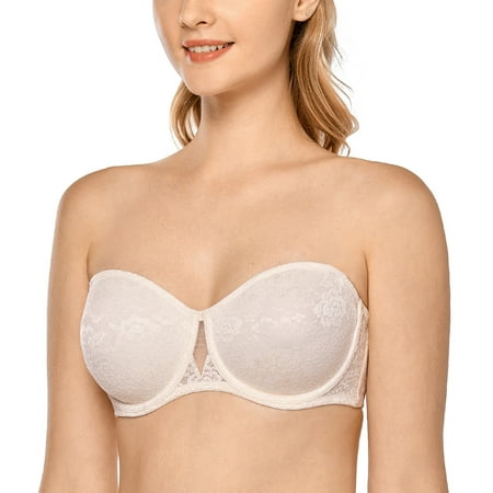 DELIMIRA Women s Strapless Bra Underwire Unlined Bandeau Floral Lace
