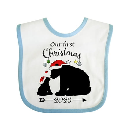 Inktastic Our First Christmas Bears in Santa Hats with Ornaments 2023 Gift Baby Boy or Baby Girl Bib
