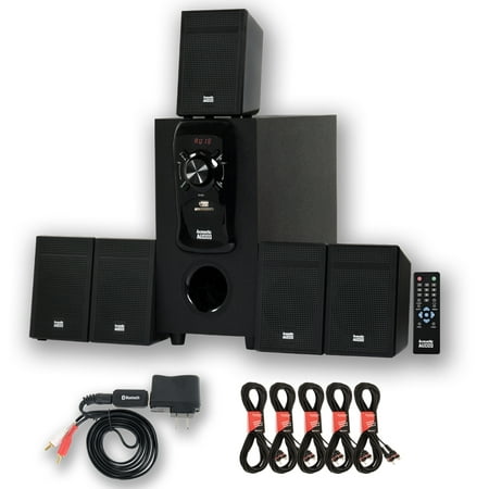 Acoustic Audio AA5150 Home Theater 5.1 Speaker System with Bluetooth FM Tuner and 5 Extension Cables