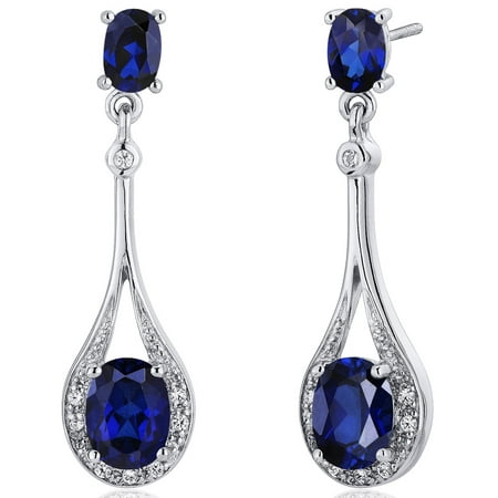 Peora 5.00 Ct Oval Cut Created Blue Sapphire Sterling Silver Dangle Earrings Rhodium Finish