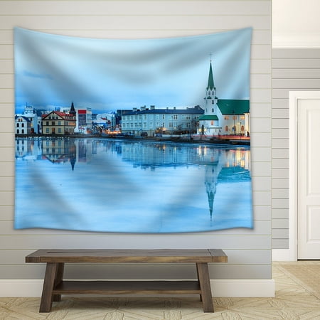 wall26 - Beautiful Reflection of The Cityscape of Reykjavik and The Free Church in Lake Tjornin at The Blue Hour in Winter - Fabric Wall Tapestry Home Decor - 51x60 inches