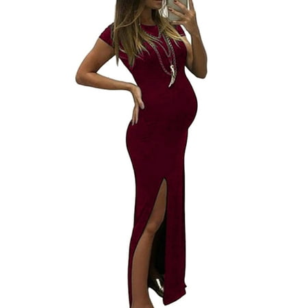 Julycc Womens Pregnancy Sundress Short Sleeve Split Bodycon Maternity Maxi Dress