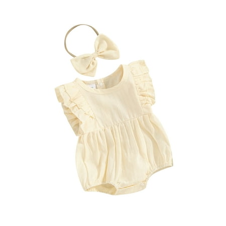 Baby Girl Infant Toddler Summer Set Round Neck Frill Trim Sleeveless Solid Color Romper + 3D Bow Headband 2 Piece Outfits
Baby Girl Infant Toddler Summer Set Round Neck Frill Trim Sleeveless Solid Color Romper + 3D Bow Headband 2 Piece Outfits