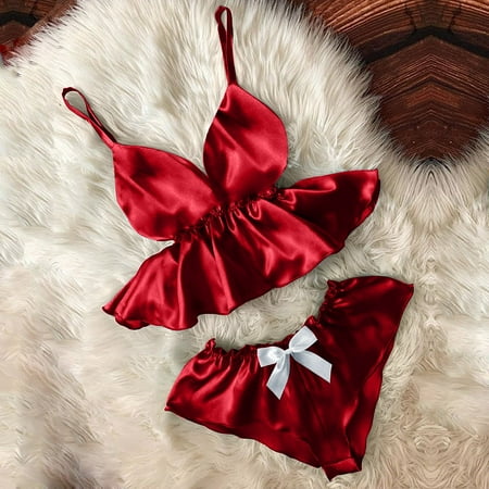 

WGOUP Women V-Neck Eyelash Lace Sexy Stain Camisole Pajamas Bowknot Shorts Set Red(Buy 2 Get 1 Free)