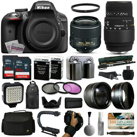 Nikon D3300 DSLR Digital Camera with 18-55mm VR II + Sigma 70-300mm Lens + SanDisk 128GB Memory + 2 Batteries + Charger + LED Video Light + Backpack + Case + Filters + Auxiliary Lenses + $50 Gift Card Nikon D3300 DSLR Digital Camera with 18-55mm VR II + Sigma 70-300mm Lens + SanDisk 128GB Memory + 2 Batteries + Charger + LED Video Light + Backpack + Case + Filters + Auxiliary Lenses + $50 Gift Card