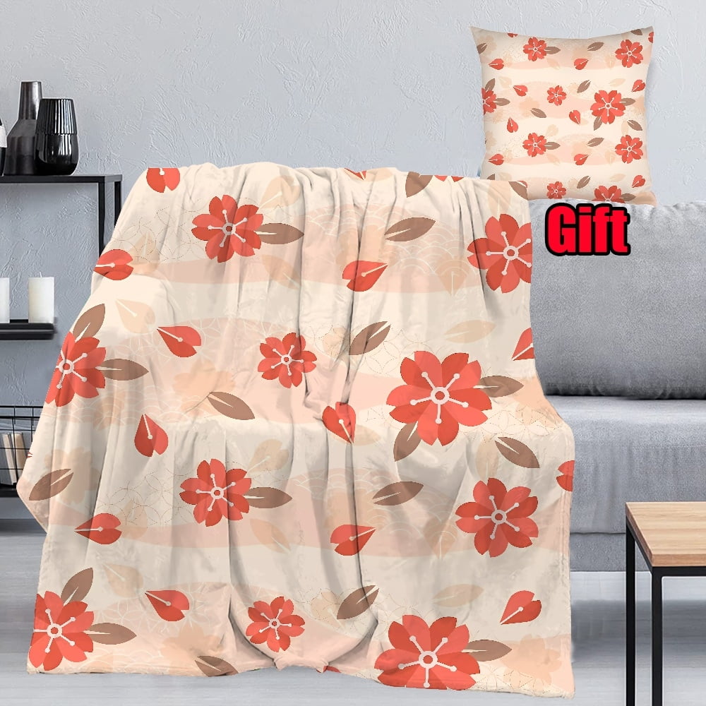 Floral Striped Blanket With Pillow Case For Room Decor Durable Flannel